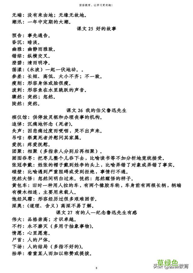 期末复习：六年级上册必背词语解释，可打印 前五行属什么